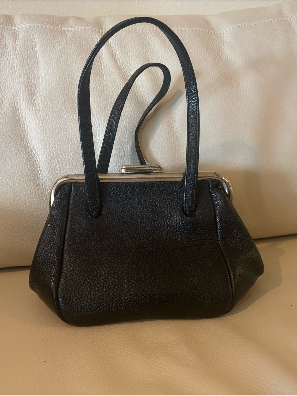 Black Leather Frame-Top Wristlet Clutch
